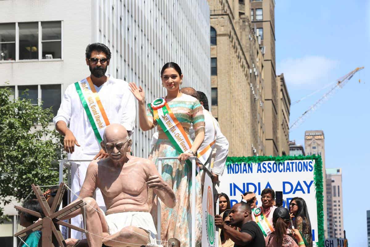 ndian actors Rana Daggubati and Tamannaah Bhatia participate in India Day Parade in New York in 2017 - Twitter photo