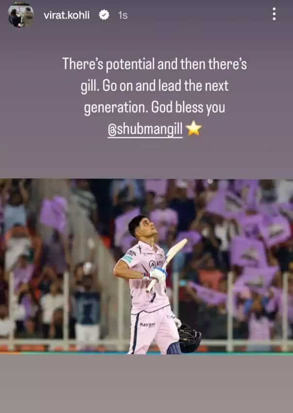 Virat Kohli Instagram story for Shubman Gill