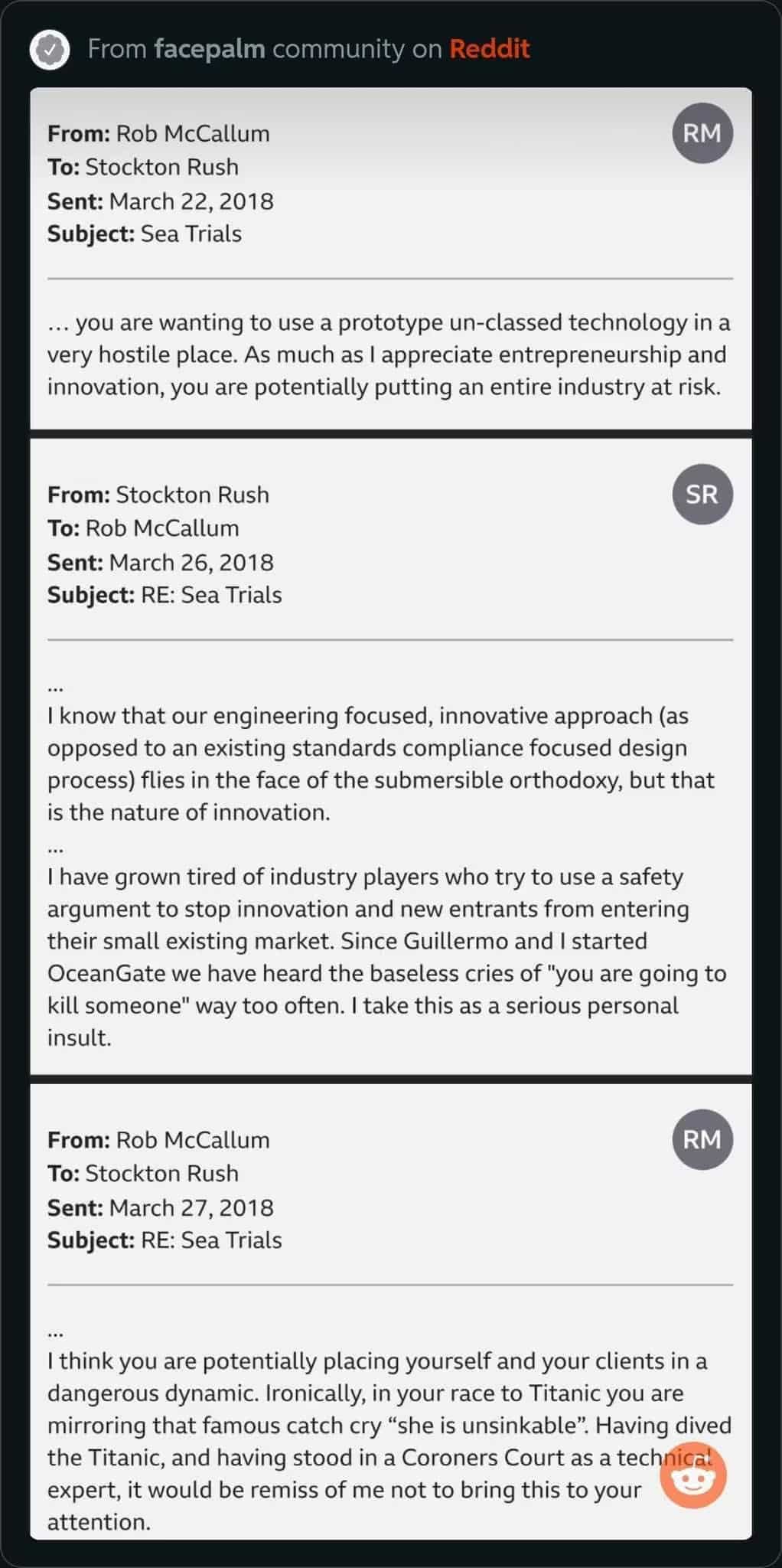 Email exchanges between deep-sea exploration expert Rob McCallum and Stockton Rush