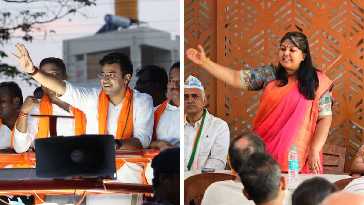 Tejasvi Surya and Sowmya Reddy on their respective campaign trails | X/@Tejasvi_Surya;Sowmyreddyr