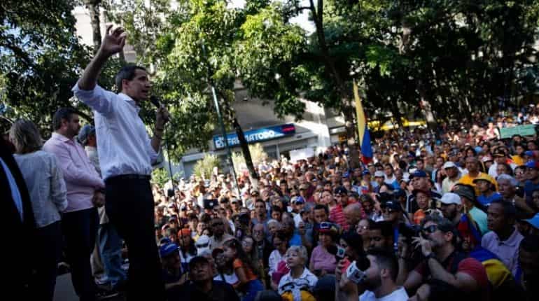 Juan Guaido sharing his views with supporters during citizen assembly in Caracas, Venezuela