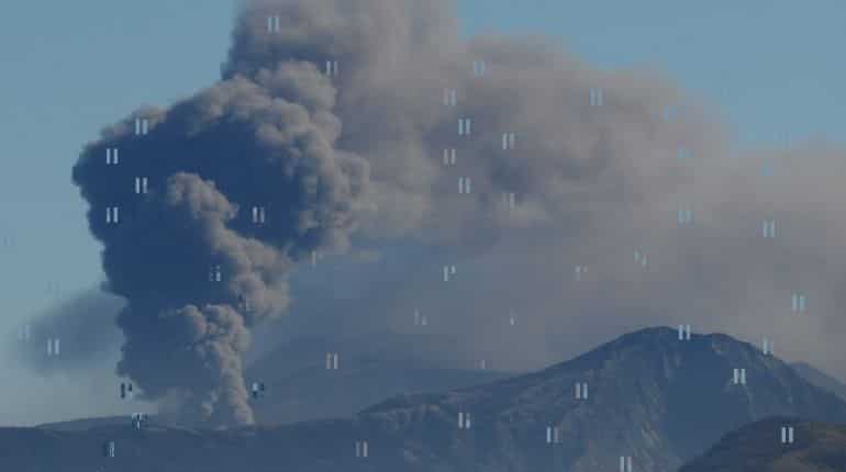 Smoke rises from Mount Aso, an active volcano, near the city of Aso in Kumamoto prefecture on December 13, 2019. Mount Aso