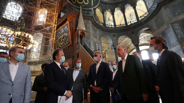 Turkish President Tayyip Erdogan, accompanied by Culture and Tourism Minister Mehmet Nuri Ersoy and the head of Turkey