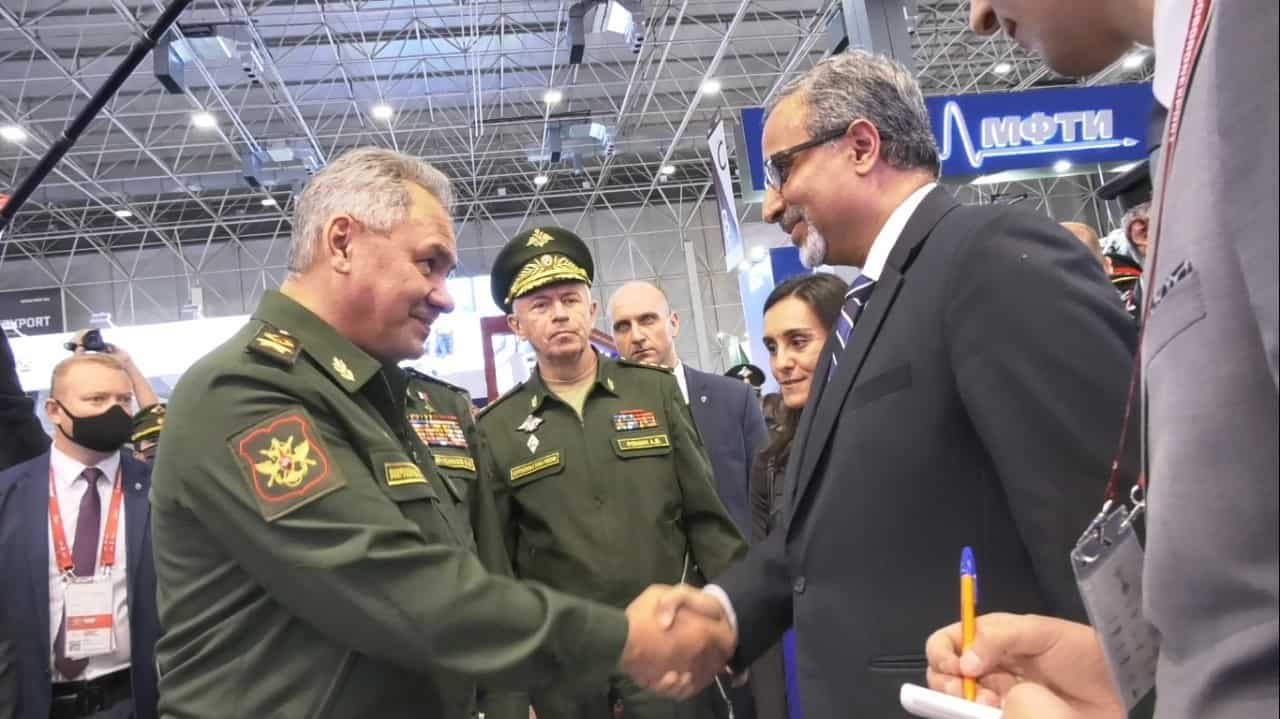 Russian defence minister Sergey Shoygu with Indian envoy to Russia D. Bala Venkatesh Varma 